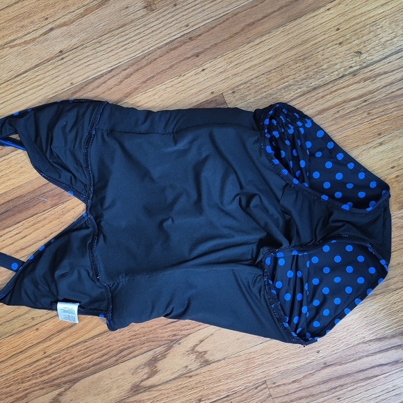 DKNY One Piece Swimsuit Black/Blue Polka Dot Side Ruching V Neck Swimwear Sz 10 - Picture 12 of 15